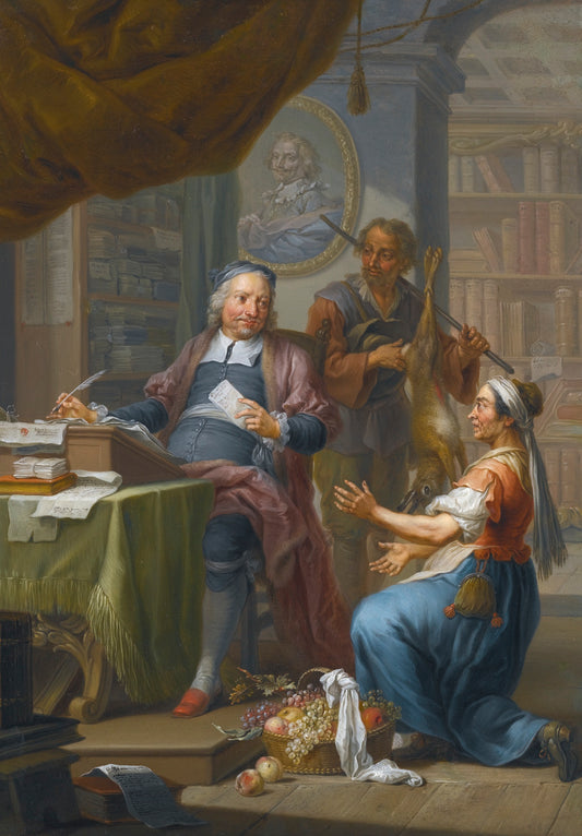 An agent collecting taxes from a hunter and a farmer's wife, vintage artwork by Franz Christoph Janneck, 12x8" (A4) Poster