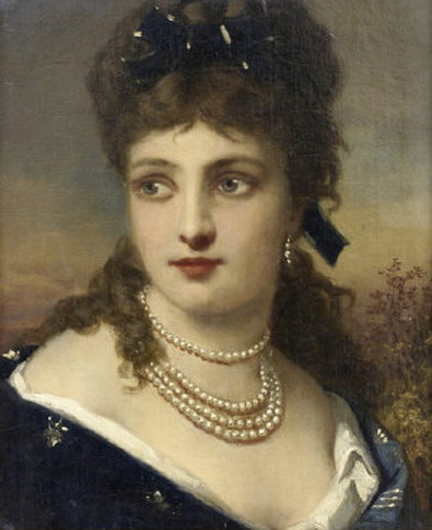 A Young Beauty With Pearl Necklace, vintage artwork by Anton Ebert, 12x8" (A4) Poster