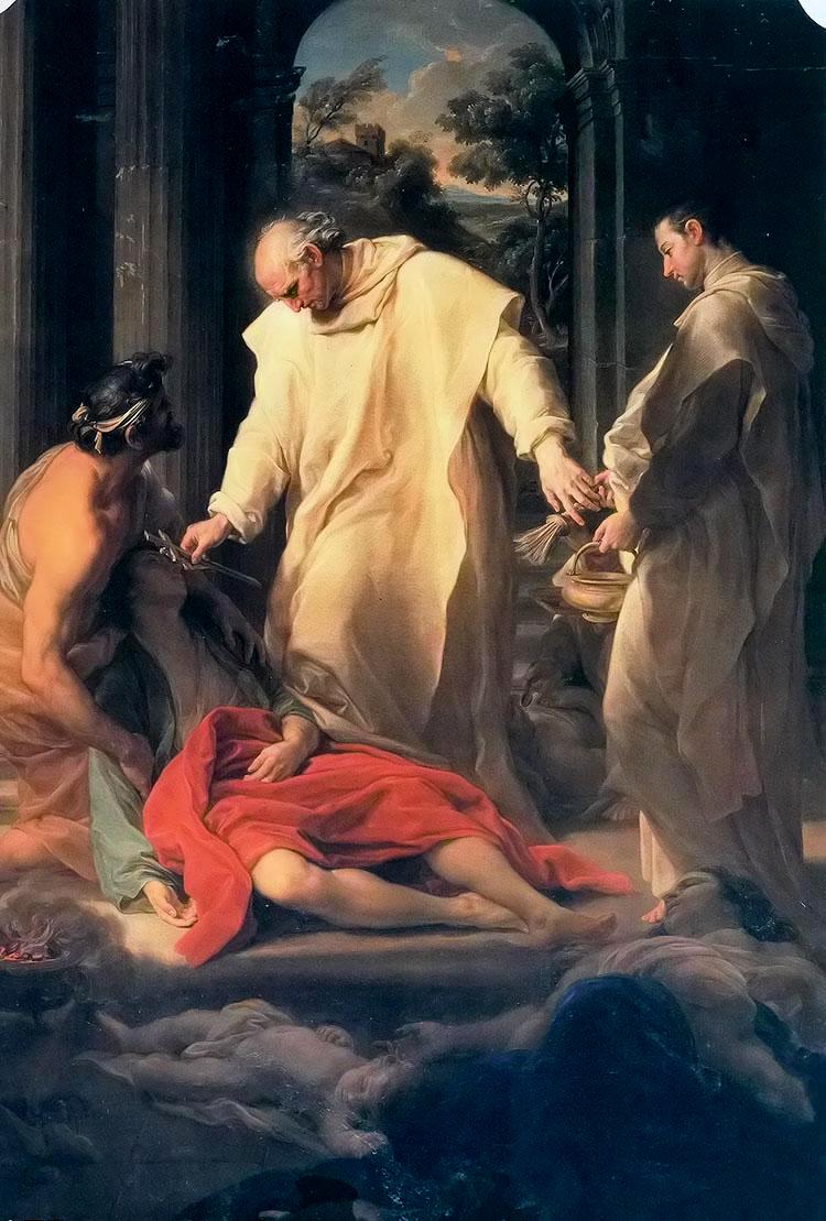 The Blessed Bernardo Tolomei Attending a Victim of the Black Death, vintage artwork by Pompeo Batoni, 12x8" (A4) Poster