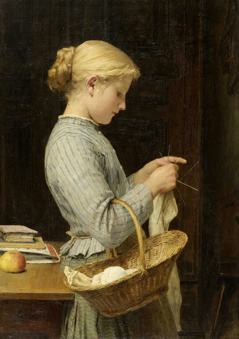 Girl Knitting, vintage artwork by Albert Anker, 12x8" (A4) Poster