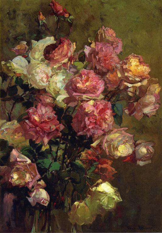 A Glass Vase full of Roses, vintage artwork by Franz Bischoff, 12x8" (A4) Poster