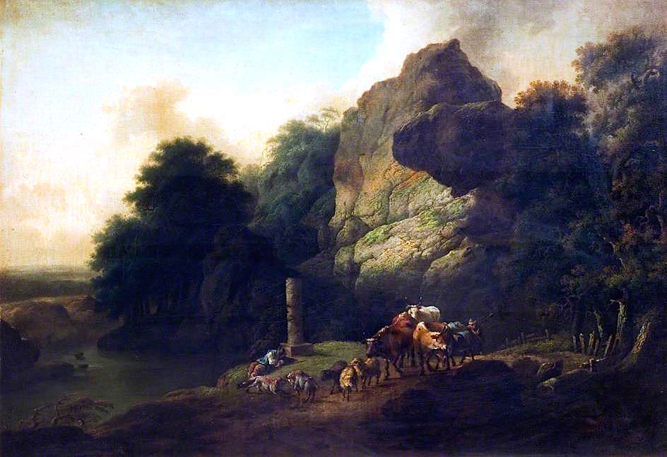 Rocky Landscape with Herdsmen, vintage artwork by Attributed to Christian Wilhelm Ernst Dietrich, 12x8" (A4) Poster