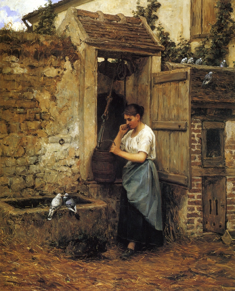 Peasant Girl and Doves, vintage artwork by Henry Mosler, 12x8" (A4) Poster