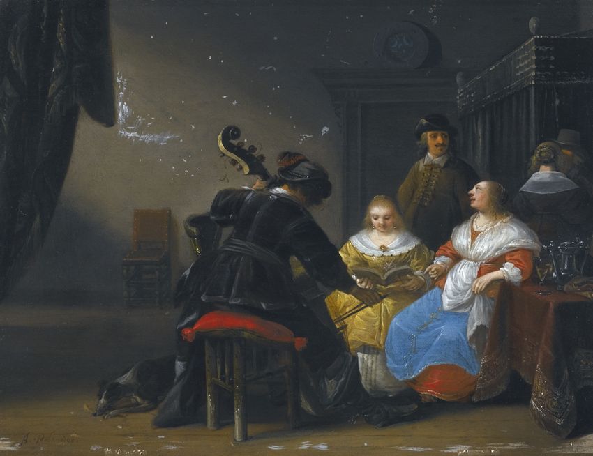 An Interior Scene With Two Ladies Singing, A Man Playing The Cello, vintage artwork by Anthonie Palamedesz, 12x8" (A4) Poster