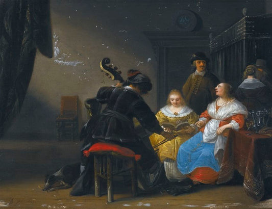 An Interior Scene With Two Ladies Singing, A Man Playing The Cello, vintage artwork by Anthonie Palamedesz, 12x8" (A4) Poster