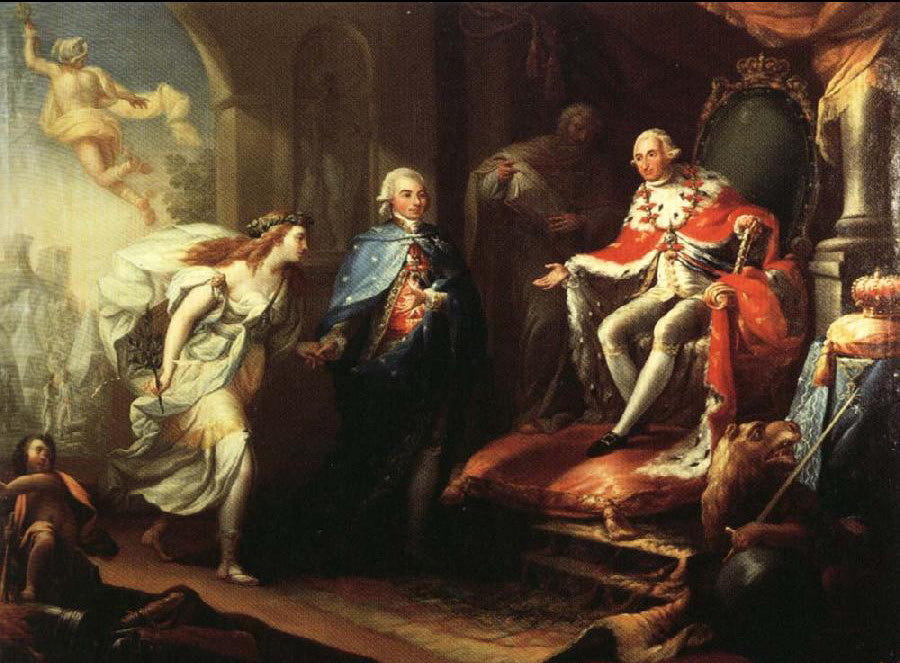 Godoy Presenting Peace to Charles IV, vintage artwork by Jose Aparicio Inglada, 12x8" (A4) Poster