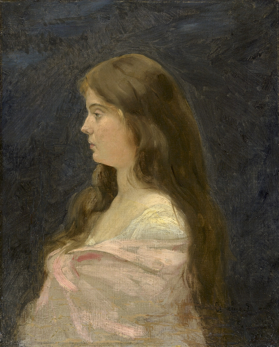 Portrait of a Girl in a White Dress with Pink Shawl, vintage artwork by Charles Auguste Émile Durand, 12x8" (A4) Poster