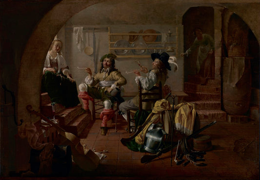 Interior with Soldiers and Women, vintage artwork by Jacob Duck, 12x8" (A4) Poster