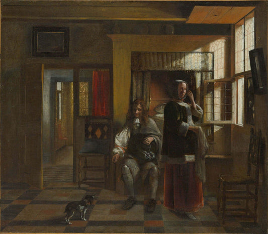 Interior with a Young Couple, vintage artwork by Pieter de Hooch, 12x8" (A4) Poster