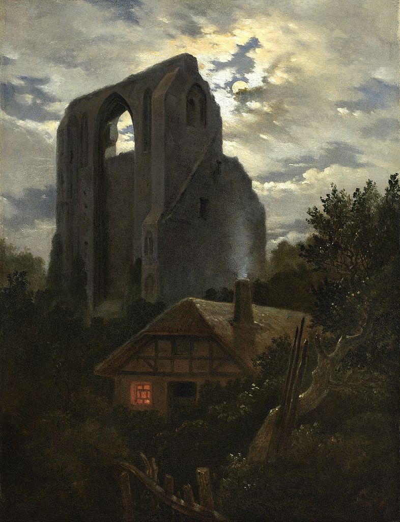 Ruins of the Eldena Monastery with a Cottage near Greifswald in Moonlight, vintage artwork by Carl Gustav Carus, A3 (16x12") Poster Print