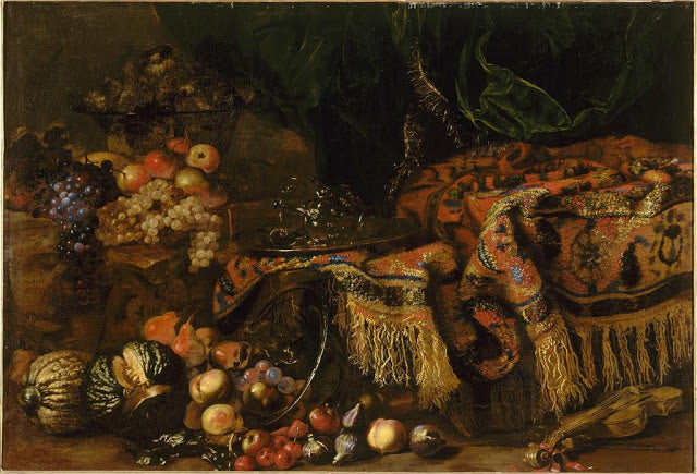 Variety of Fruits on a Carpet, vintage artwork by Pier Francesco Cittadini, 12x8" (A4) Poster