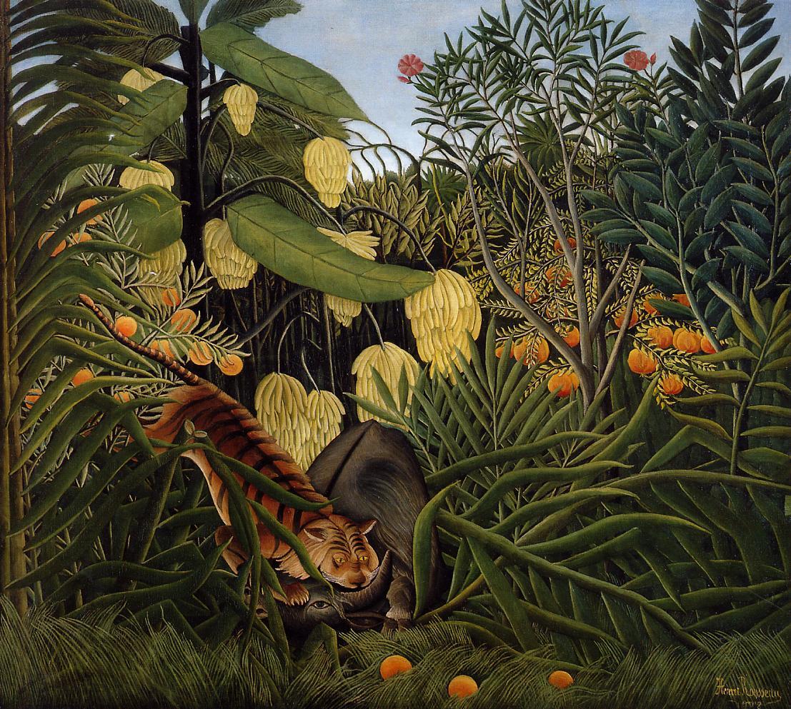 Fight between a Tiger and a Buffalo, vintage artwork by Henri Rousseau, 12x8" (A4) Poster