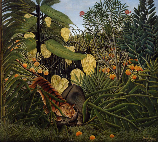 Fight between a Tiger and a Buffalo, vintage artwork by Henri Rousseau, 12x8" (A4) Poster