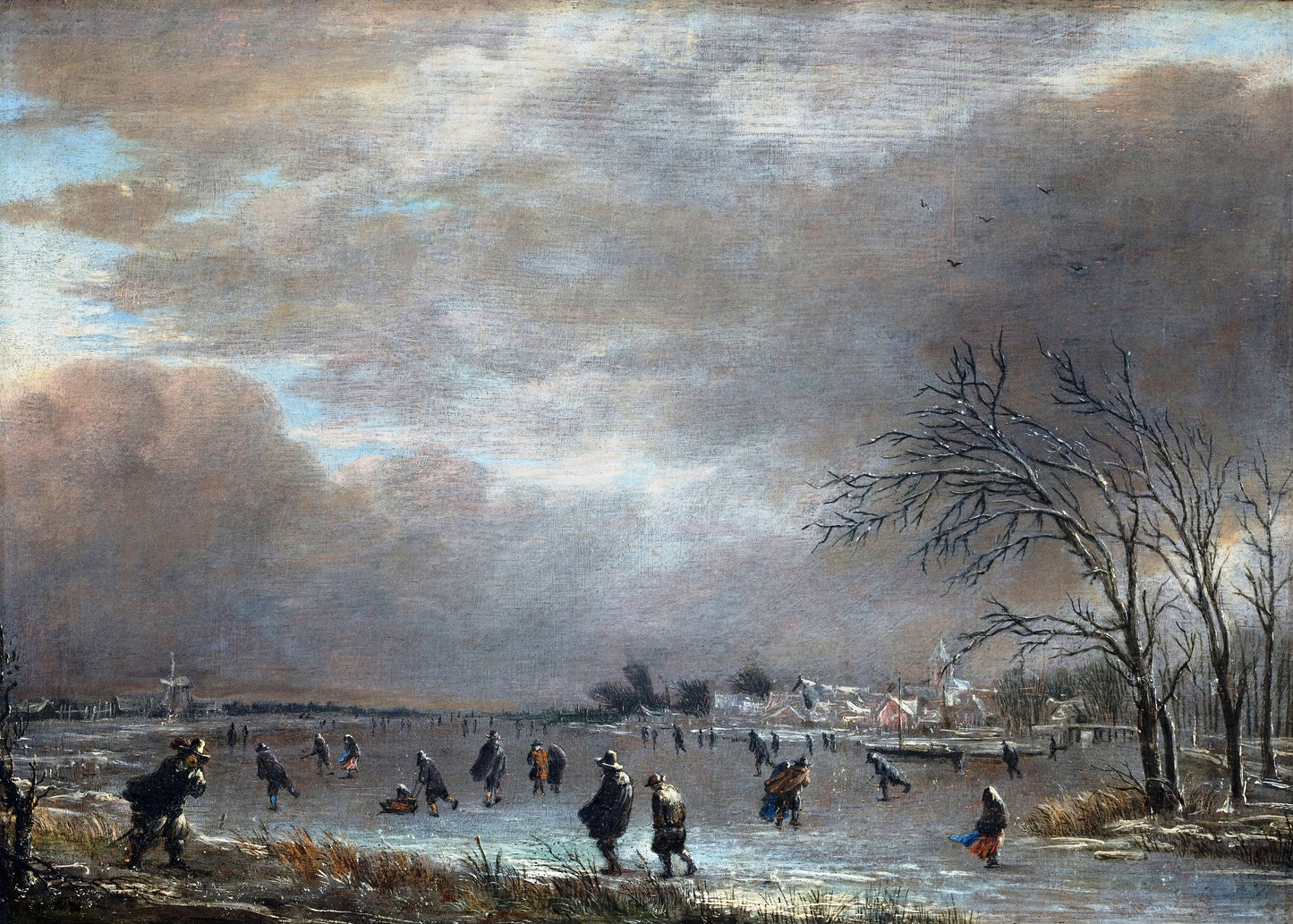 Winter Landscape with Skaters on a Frozen River, vintage artwork by Aert van der Neer, 12x8" (A4) Poster