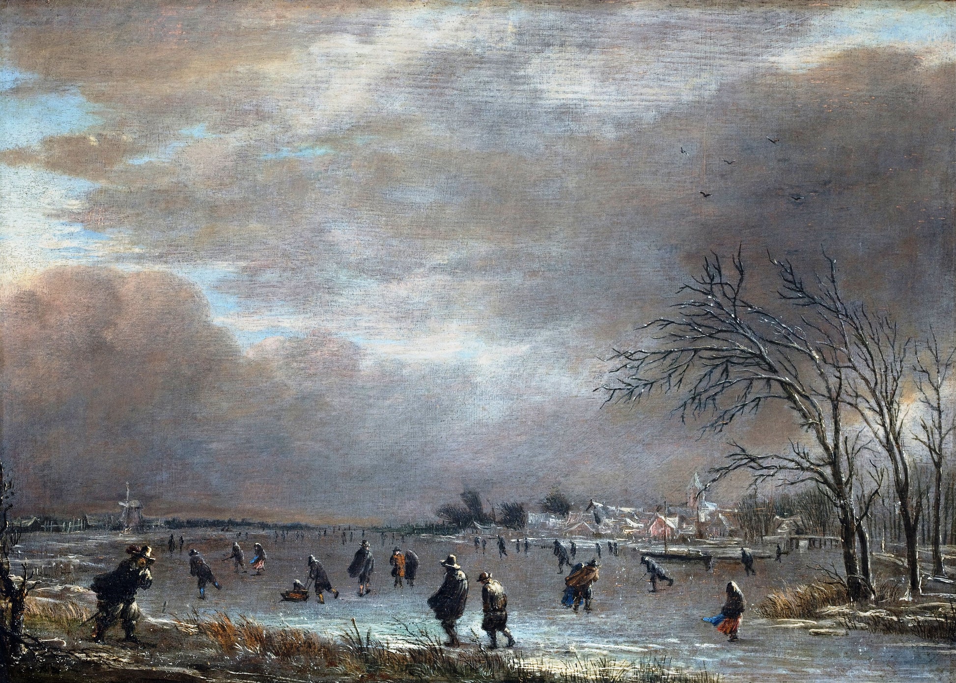 Winter Landscape with Skaters on a Frozen River, vintage artwork by Aert van der Neer, 12x8" (A4) Poster