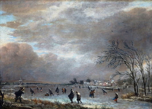Winter Landscape with Skaters on a Frozen River, vintage artwork by Aert van der Neer, 12x8" (A4) Poster