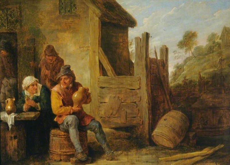 Exterior of an Inn:  Peasants Drinking, vintage artwork by David Teniers (II), 12x8" (A4) Poster