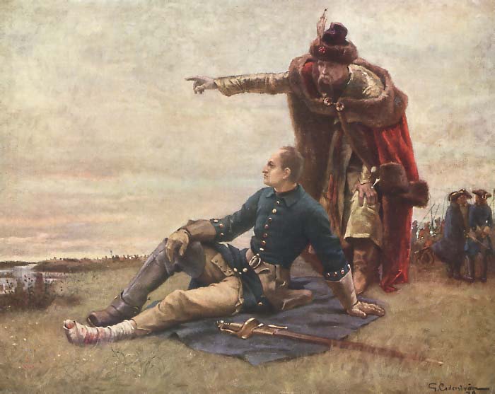 Charles XII of Sweden and Ivan Mazepa after The Battle of Poltava, vintage artwork by Gustaf Cederstrom, 12x8" (A4) Poster