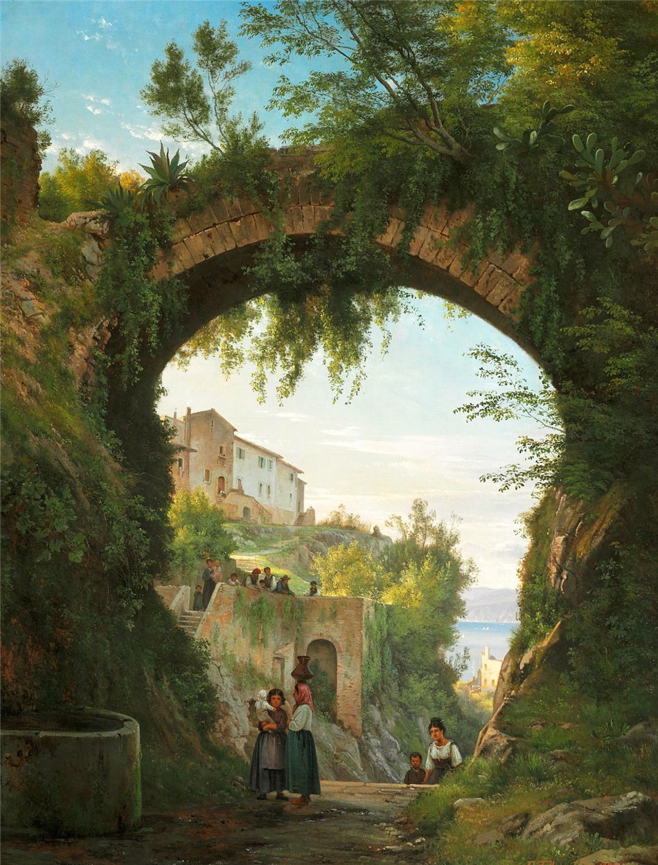 Italians Under an Aqueduct in a High-lying Town at a Lake, vintage artwork by Carl Frederik Aagaard, 12x8" (A4) Poster