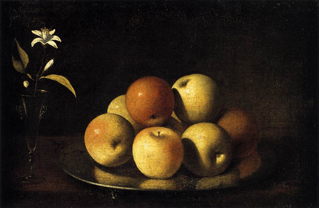 Still-Life with Plate of Apples and Orange Blossom, vintage artwork by Juan de Zurbaran, 12x8" (A4) Poster