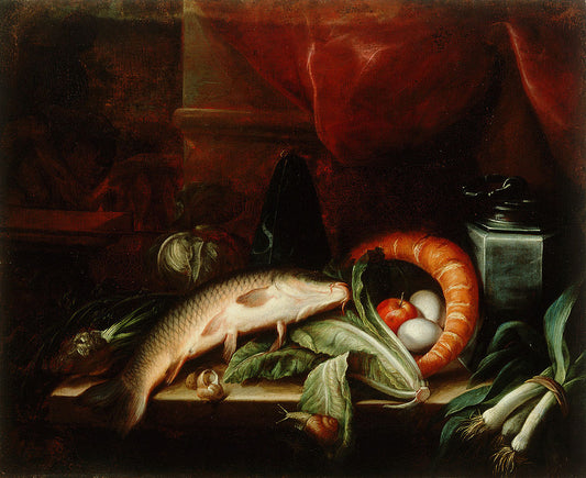 Still Life with Fish and Vegetables, vintage artwork by Sebastien Stoskopff, 12x8" (A4) Poster