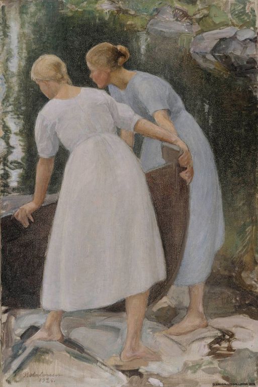 Girls Pushing a Boat, vintage artwork by Pekka Halonen, 12x8" (A4) Poster