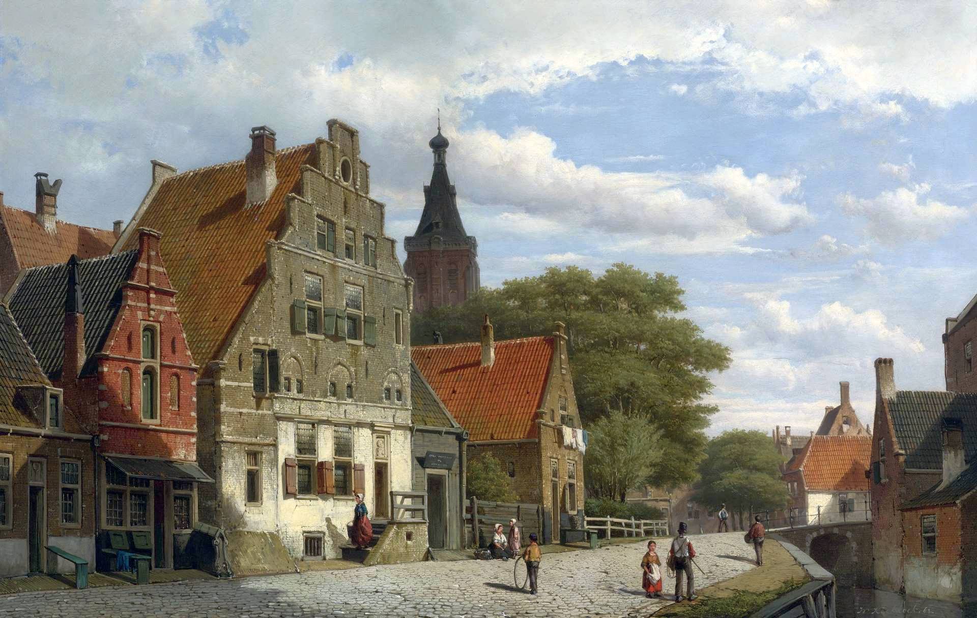 Children and Travellers along the Canal, vintage artwork by Willem Koekkoek, 12x8" (A4) Poster