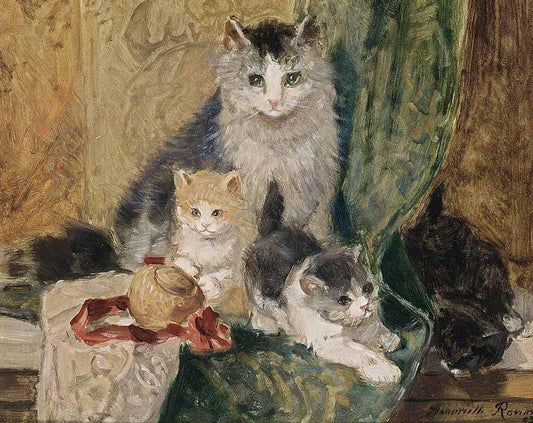 A mother cat with her playful kittens, vintage artwork by Henriette Ronner-Knip, A3 (16x12") Poster Print