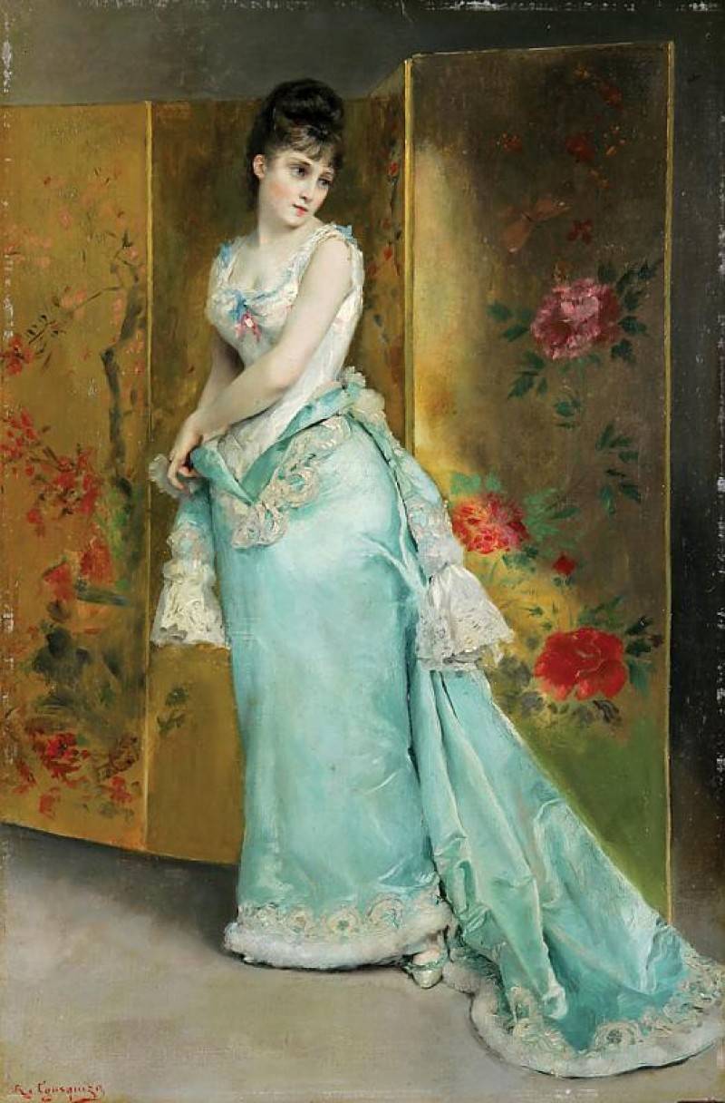 Lady in a blue dress, vintage artwork by Rogelio de Egusquiza, 12x8" (A4) Poster