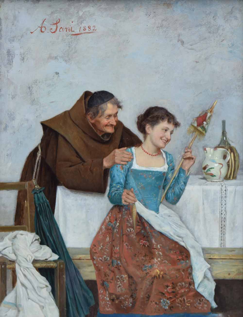 Monk with Servant Girl, vintage artwork by Alessandro Sani, 12x8" (A4) Poster
