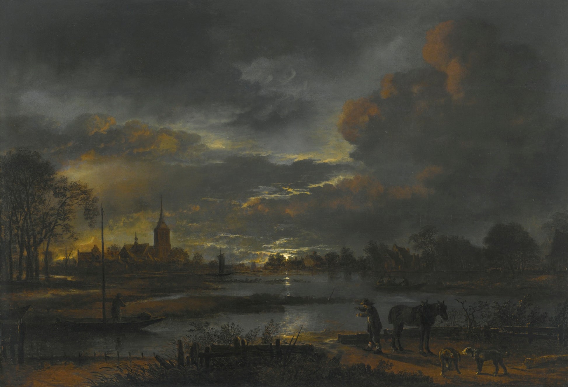 A Wide Moonlit River Landscape With Figures Fishing, A Village Beyond, vintage artwork by Aert van der Neer, 12x8" (A4) Poster