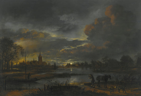 A Wide Moonlit River Landscape With Figures Fishing, A Village Beyond, vintage artwork by Aert van der Neer, 12x8" (A4) Poster