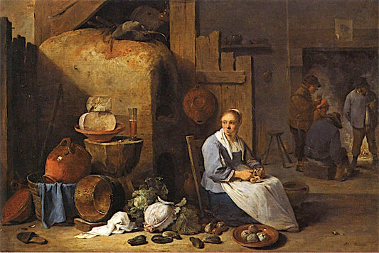 A Barn Interior with a Maid Preparing Vegetables, vintage artwork by David Teniers (II), 12x8" (A4) Poster