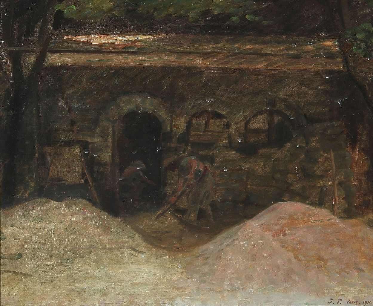 Working men in front of a house in Paris, vintage artwork by Julius Paulsen, 12x8" (A4) Poster