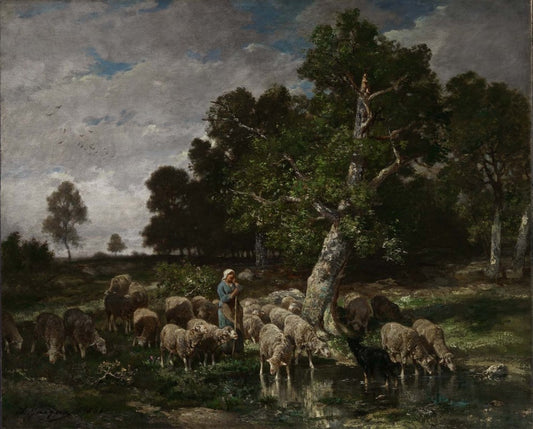 Sheperdess Watering Her Sheep, vintage artwork by Charles-Émile Jacque, A3 (16x12") Poster Print