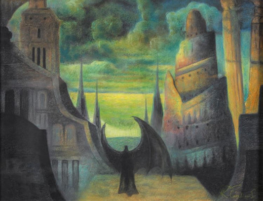 Tower of Babel with Batman, vintage artwork by Mikalojus Ciurlionis, 12x8" (A4) Poster