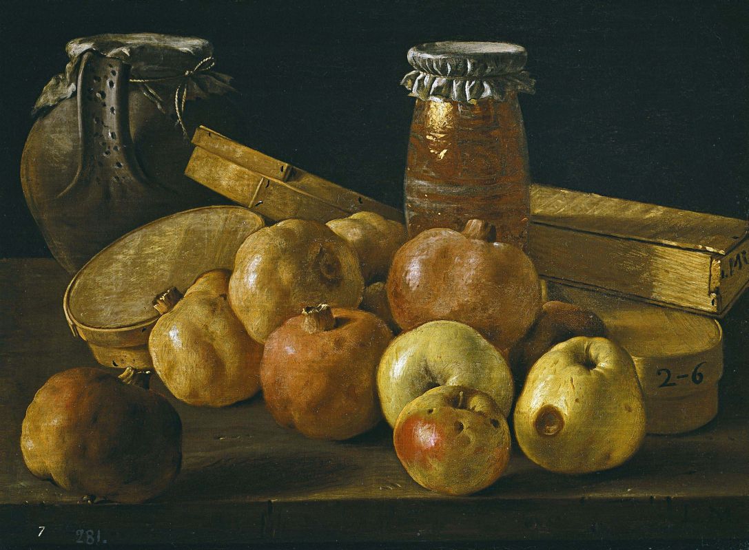 Still Life with Pomegranates, Apples, Jars and Boxes, vintage artwork by Luis Melendez, 12x8" (A4) Poster