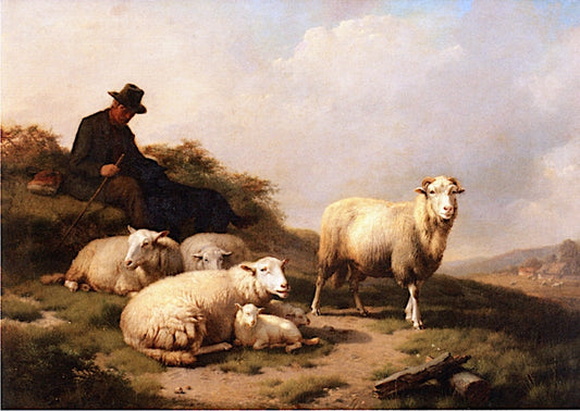 A Resting Shepherd with His Herd, vintage artwork by Eugene Verboeckhoven, A3 (16x12") Poster Print