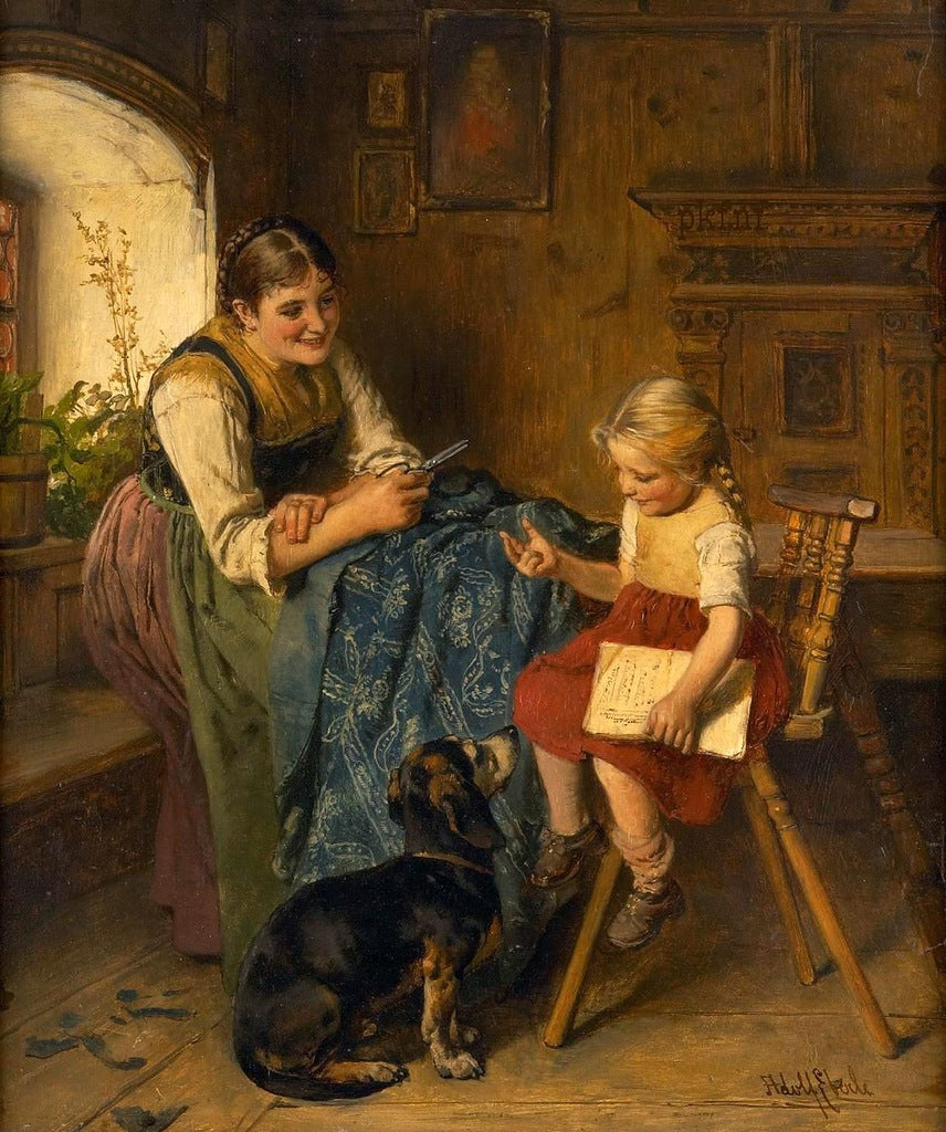 Family scene with young mother, child and dog, vintage artwork by Adolf Eberle, 12x8" (A4) Poster