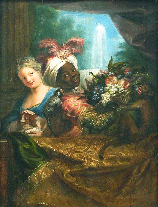 Young Black Girl Holding a Fruit Basket and Young Girl Holding a Dog, vintage artwork by Antoine Coypel II, 12x8" (A4) Poster