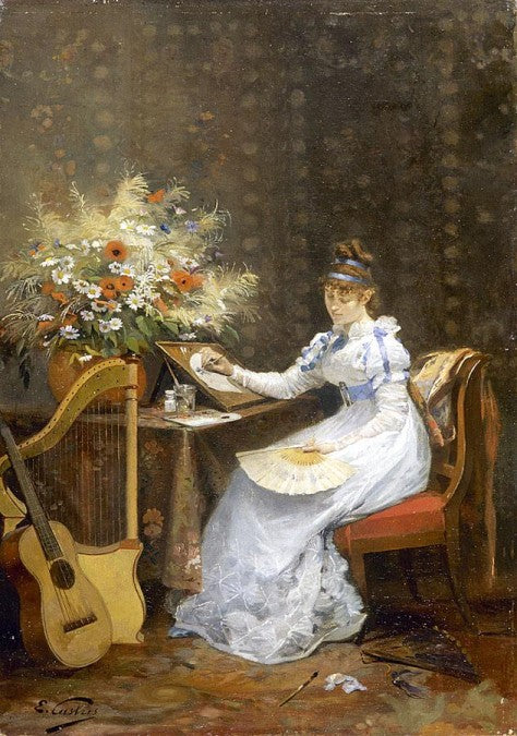 Young Woman Painting a Fan, vintage artwork by Edouard Castres, 12x8" (A4) Poster
