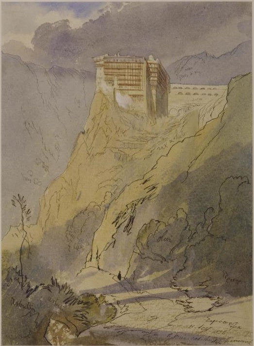 The Monastery of Simopetra on Mount Athos, vintage artwork by Edward Lear, A3 (16x12") Poster Print