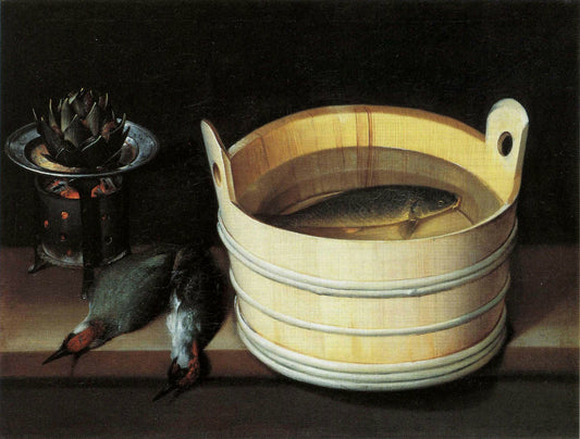 Woodpecker and bucket, vintage artwork by Sebastien Stoskopff, 12x8" (A4) Poster