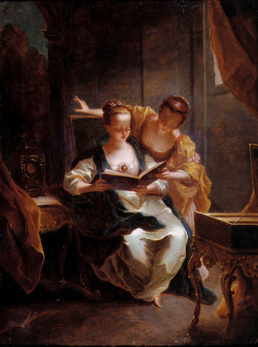 Two Young Ladies Singing in an Elegant Interior, vintage artwork by Jean Raoux, 12x8" (A4) Poster