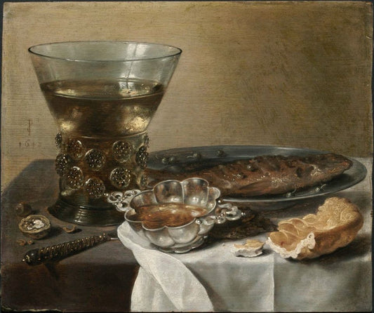 Still Life with Silver Brandy Bowl, Wine Glass, Herring and Bread, vintage artwork by Pieter Claesz, 12x8" (A4) Poster