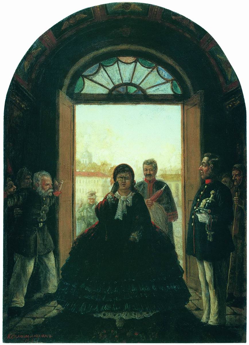 Lady Entering the Church, vintage artwork by Leonid Solomatkin, 12x8" (A4) Poster