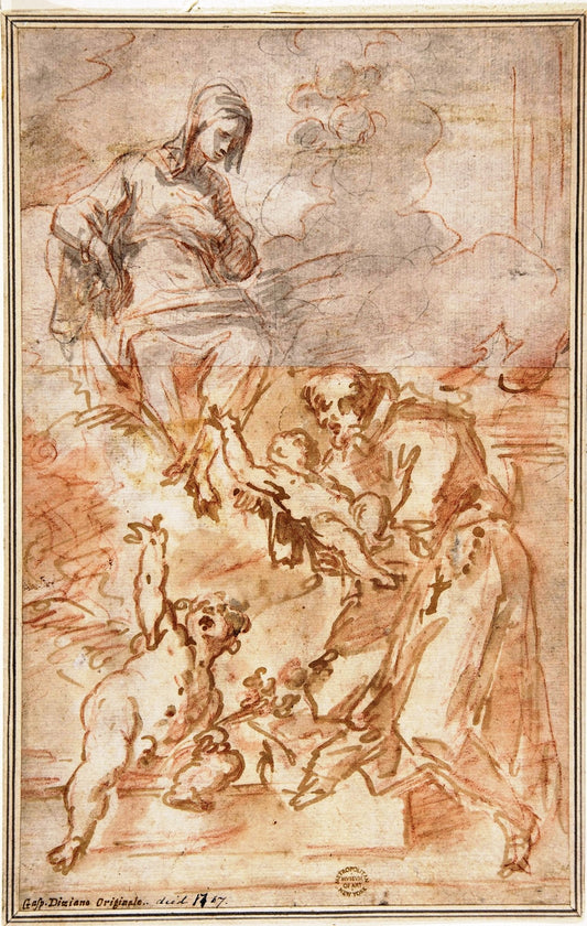 The Virgin Entrusting the Christ Child to Saint Francis of Assisi, vintage artwork by Gaspare Diziani, 12x8" (A4) Poster