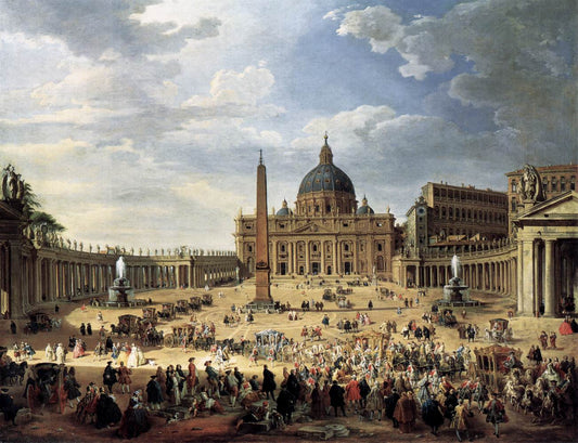 Departure of the Duc de Choiseul from the Piazza di San Pietro, vintage artwork by Giovanni Paolo Panini, 12x8" (A4) Poster