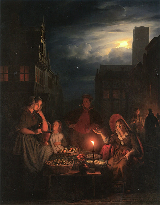 A Nightmarket with a Stallholder Offering Her Wares, vintage artwork by Petrus van Schendel, A3 (16x12") Poster Print