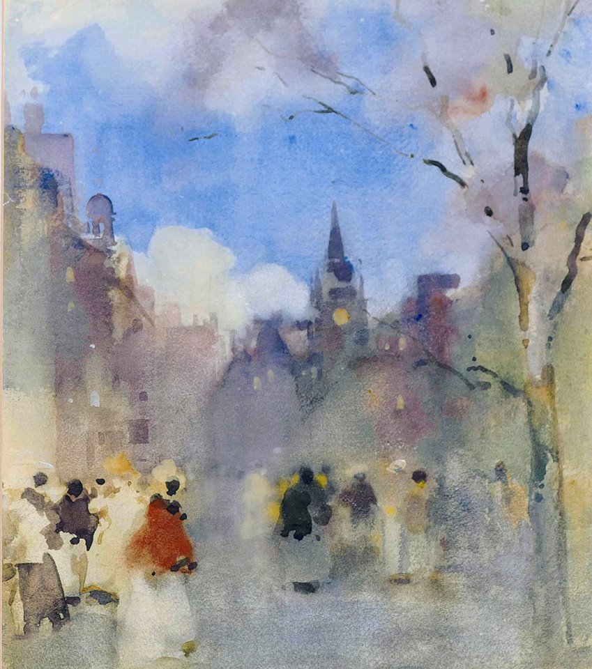 Figures on the Royal Mile, Edinburgh with St. Giles' Cathedral in the distance, vintage artwork by James Watterston Herald, 12x8" (A4) Poster